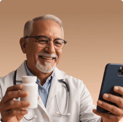 A doctor holding a phone and a bottle of Keeps products